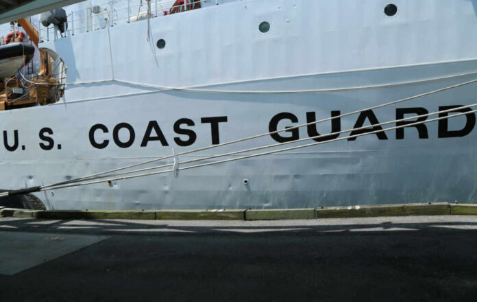 Side view of a U.S. Coast Guard ship with large lettering