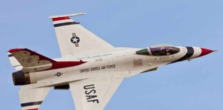 USAF fighter jet in flight against clear sky
