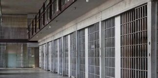 prison cell block with metal barred doors