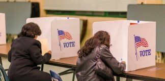 Voters filling out ballots at polling booths