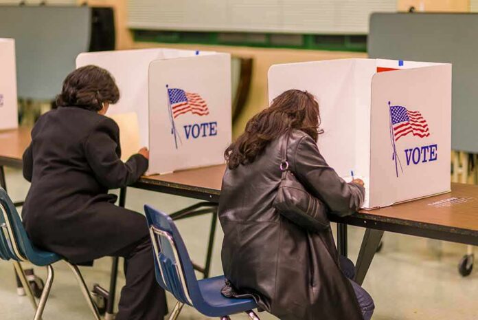 Voters filling out ballots at polling booths