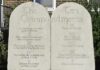 Stone tablets of the Ten Commandments outside a building