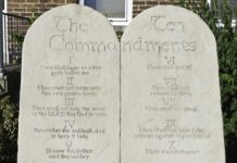 Stone tablets of the Ten Commandments outside a building