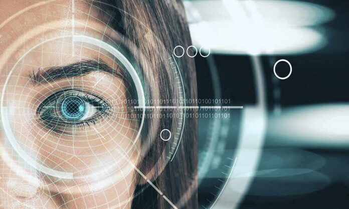 Close-up of a human eye with digital interface overlay
