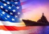 United States flag overlay with a naval warship at sunset on the ocean