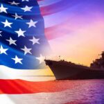 United States flag overlay with a naval warship at sunset on the ocean
