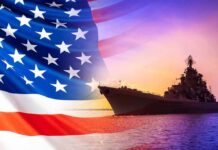 Reliability Meltdown Triggers Steam Comeback United States flag overlay with a naval warship at sunset on the ocean