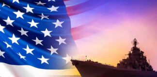 United States flag overlay with a naval warship at sunset on the ocean