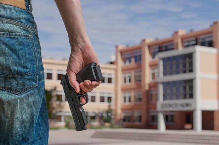 Person holding a handgun near a school building