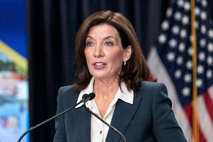 woman speaking at a podium with microphones