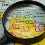 Magnifying glass over a map of northern South America