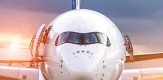 Front view of a commercial airplane on the tarmac