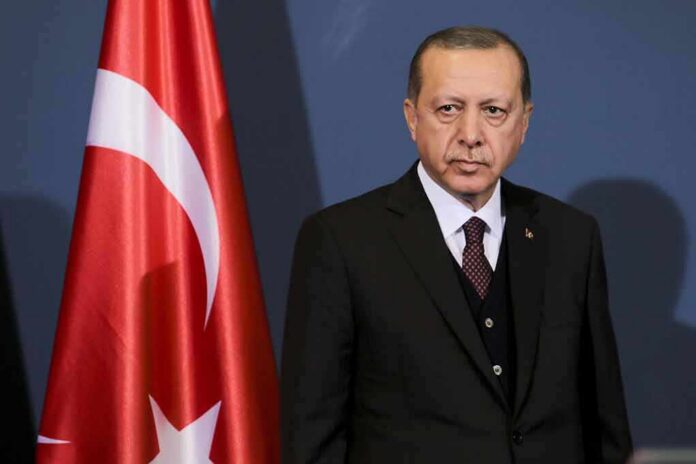 man in suit standing beside Turkish flag