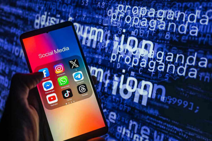 Smartphone showing social media apps with text background.