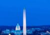 Washington Monument with Lincoln Memorial and Capitol at dusk