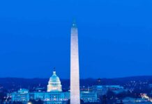 Washington Monument with Lincoln Memorial and Capitol at dusk