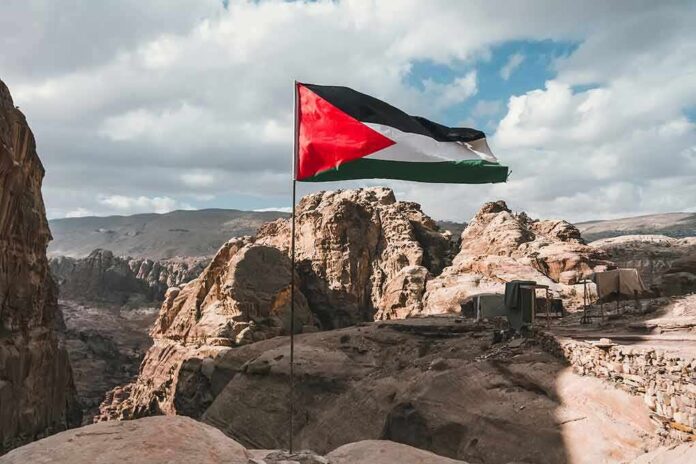 Palestinian flag waving over rocky desert cliffs
