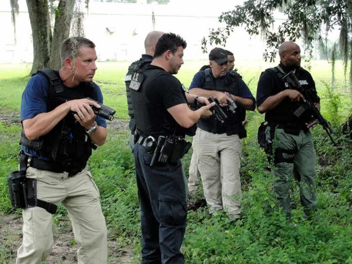 law enforcement officers conducting a search in a wooded area