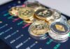 Stack of cryptocurrency coins on a trading app screen