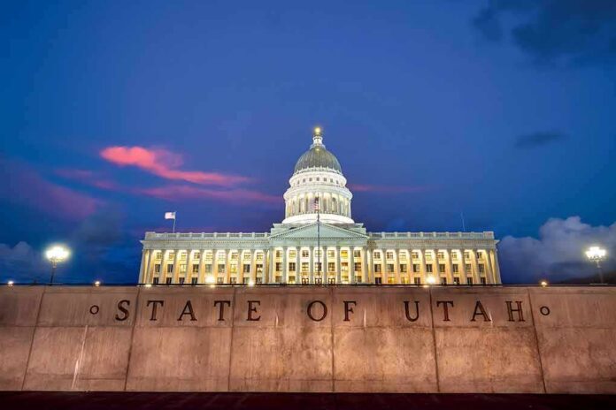 Utah State Capitol building at dusk with illuminated dome