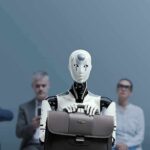 Humanoid robot holding a briefcase among seated job applicants