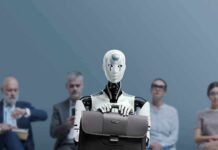 Humanoid robot holding a briefcase among seated job applicants