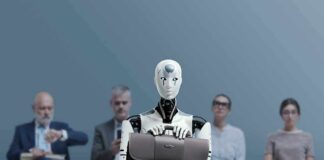 Humanoid robot holding a briefcase among seated job applicants
