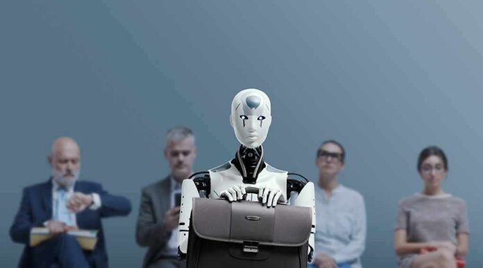 Humanoid robot holding a briefcase among seated job applicants