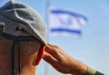Soldier saluting with a blurred flag in the background