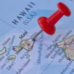 Red pushpin marking Maui on a map of Hawaii