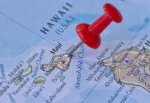 Red pushpin marking Maui on a map of Hawaii