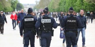 Police officers walking through a crowded park