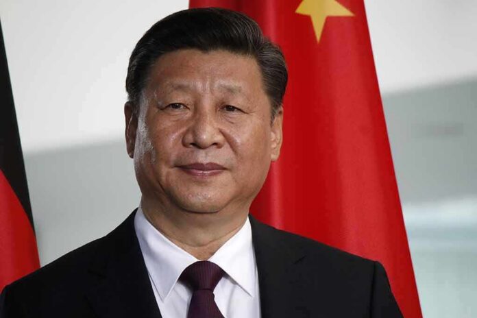 Xi Jinping portrait with flags in the background