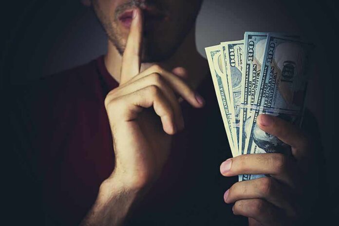 Person holding US dollar bills while making a shushing gesture