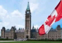 Canadian flag with Parliament building in background