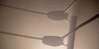 Clockwork Carnage: Belt Up For Grabs Boxing ring corner ropes in hazy light