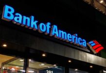 Bank of America branch exterior at night