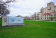 University of Chicago campus sign and historic buildings