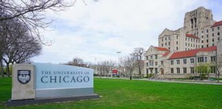 University of Chicago campus sign and historic buildings