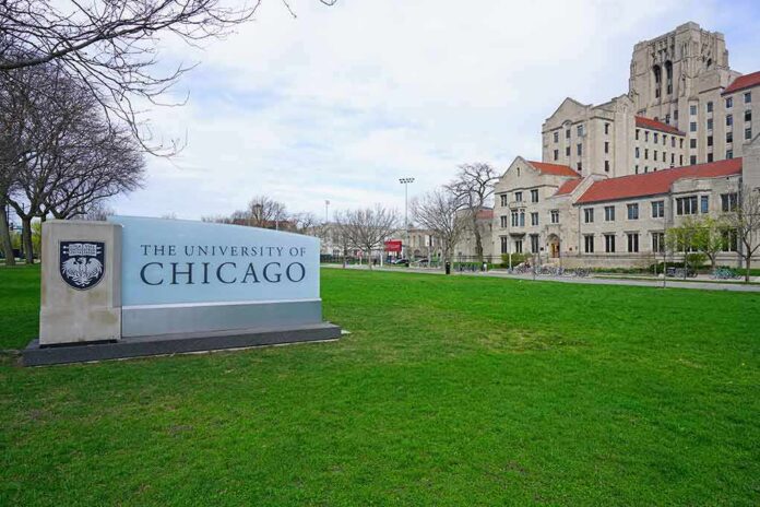 University of Chicago campus sign and historic buildings