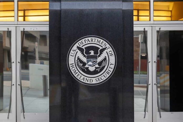 U.S. Department of Homeland Security emblem on building entrance