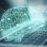 digital brain hologram over a laptop keyboard