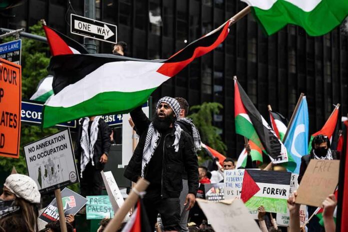 Protesters wave Palestinian flags at a city street demonstration