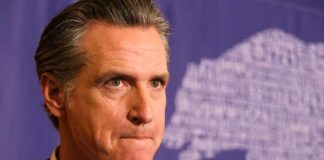 Gavin Newsom at a press event with a purple backdrop