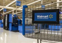 shopping cart in a Walmart checkout area