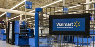 shopping cart in a Walmart checkout area